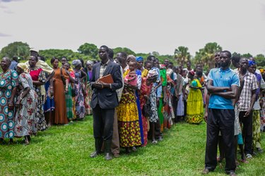 Credit: LIFE-AR Uganda Community members queue for the election of the parish climate change committee in Awalmon, Uganda
